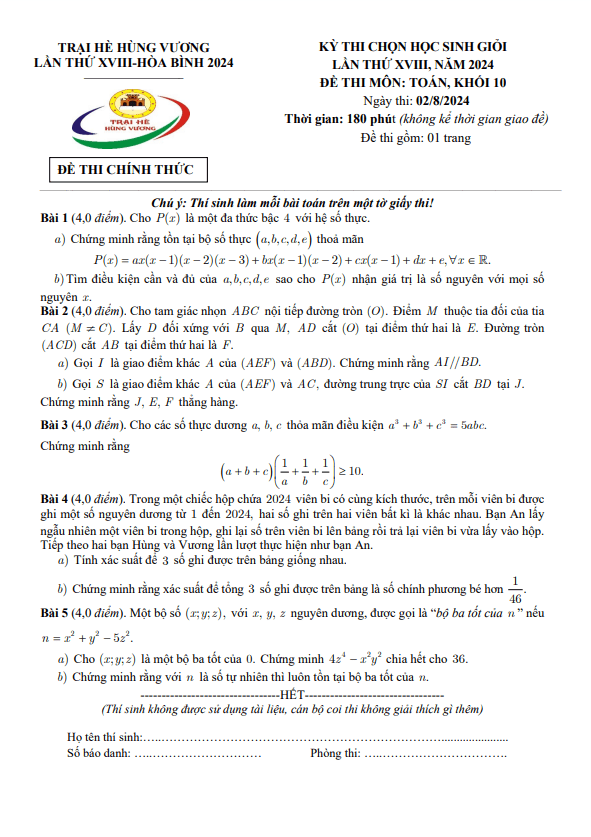 đề thi chọn học sinh giỏi toán 10 trại hè hùng vương lần thứ 18 năm 2024