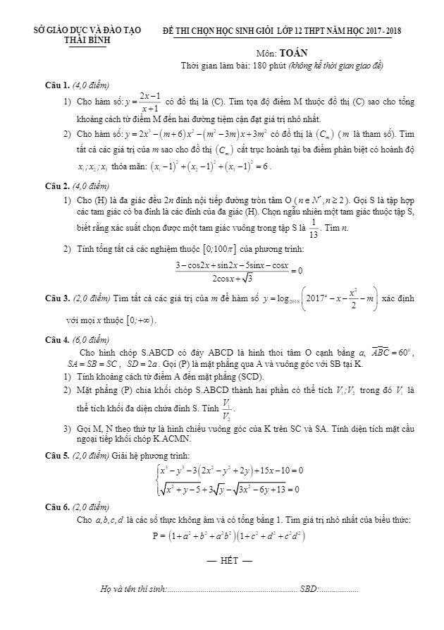 đề thi chọn học sinh giỏi toán 12 thpt năm học 2017 – 2018 sở gd và đt thái bình