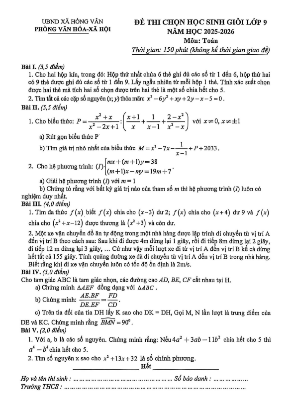 đề thi chọn học sinh giỏi toán 9 năm 2025 – 2026 xã hồng vân – hà nội