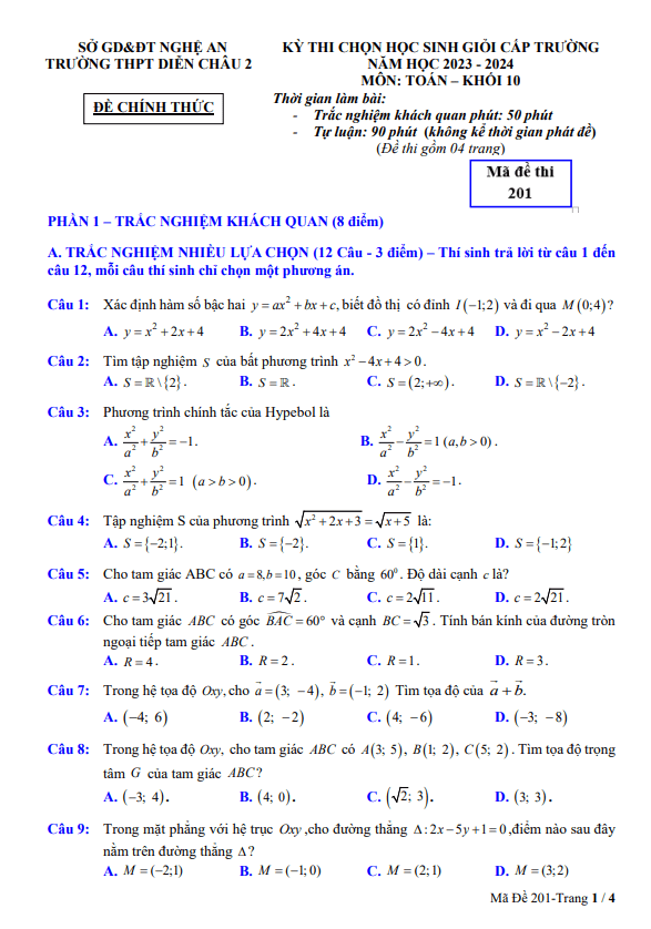 đề thi chọn hsg toán 10 năm 2023 – 2024 trường thpt diễn châu 2 – nghệ an