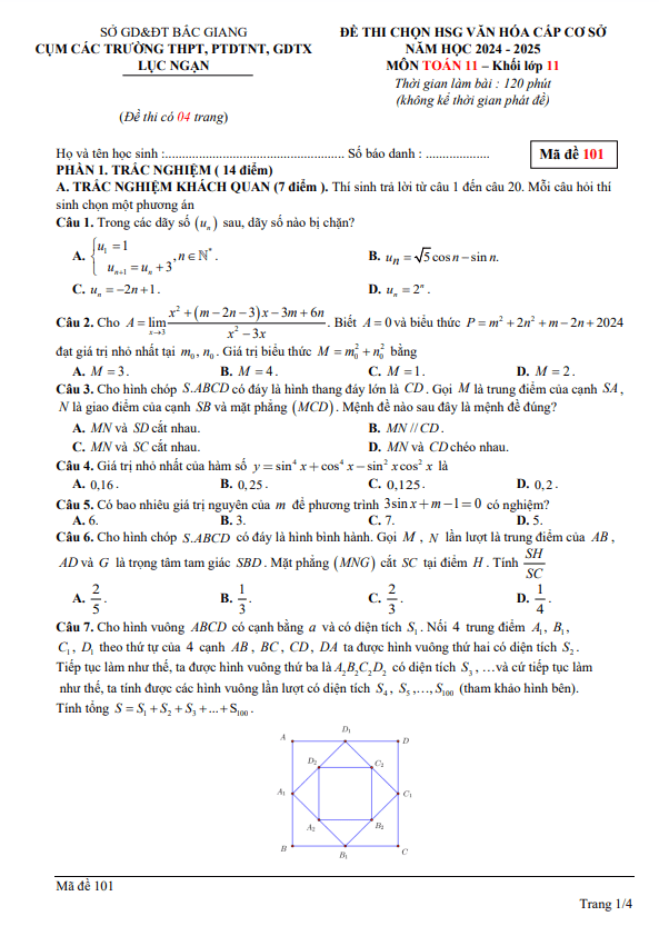 đề thi chọn hsg toán 11 năm 2024 – 2025 cụm lục ngạn – bắc giang
