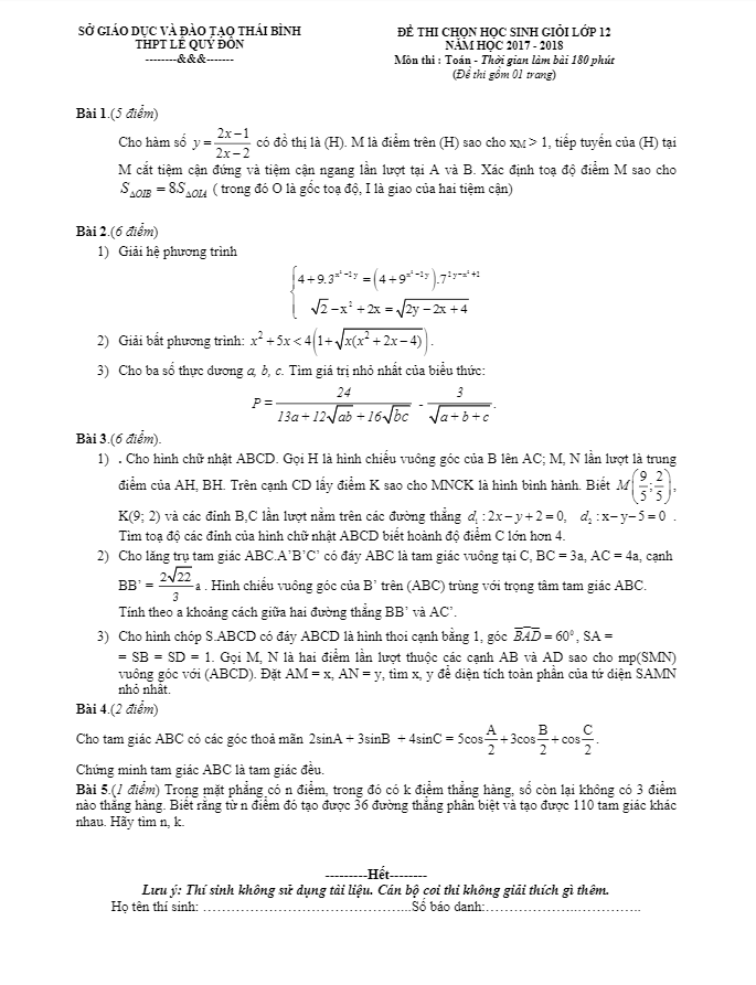 đề thi chọn hsg toán 12 năm học 2017 – 2018 trường thpt lê quý đôn – thái bình
