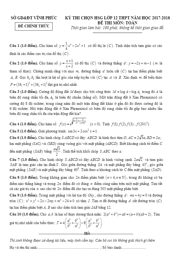 đề thi chọn hsg toán 12 thpt năm học 2017 – 2018 sở gd và đt vĩnh phúc