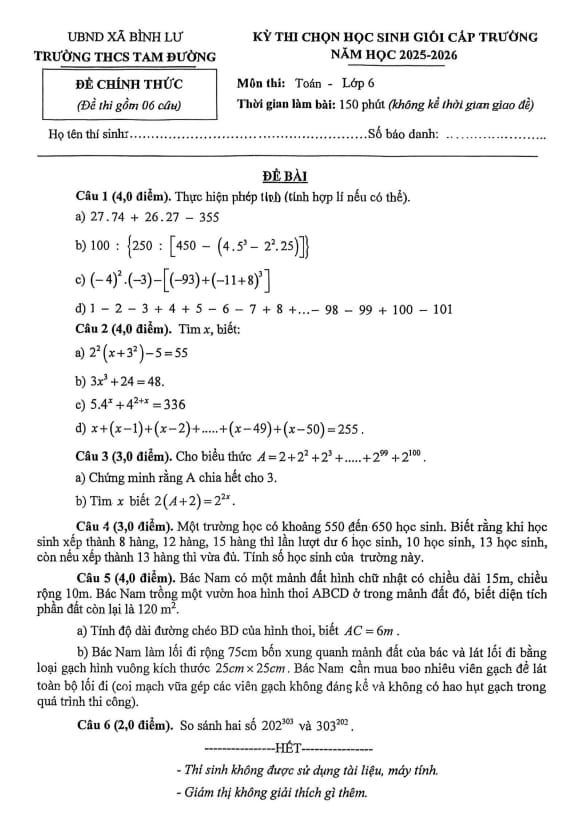 đề thi chọn hsg toán 6 năm 2025 – 2026 trường thcs tam đường – lai châu