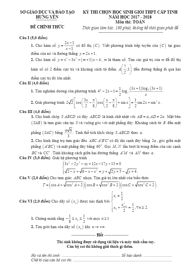 đề thi chọn hsg toán thpt cấp tỉnh năm học 2017 – 2018 sở gd và đt hưng yên
