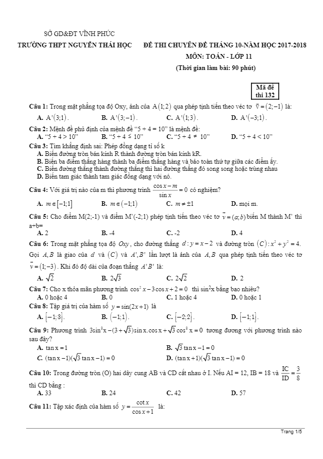 đề thi chuyên đề tháng 10 năm học 2017 – 2018 môn toán 11 trường nguyễn thái học – vĩnh phúc