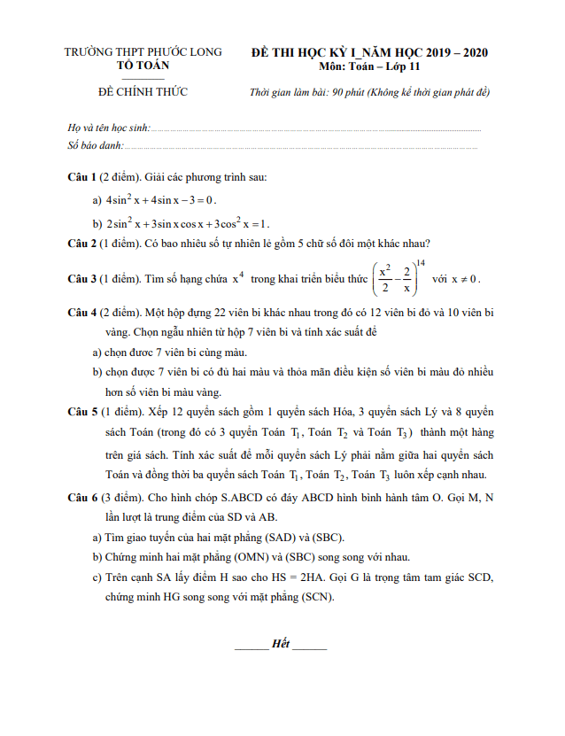 đề thi cuối học kì 1 toán 11 năm 2019 – 2020 trường thpt phước long – tp hcm