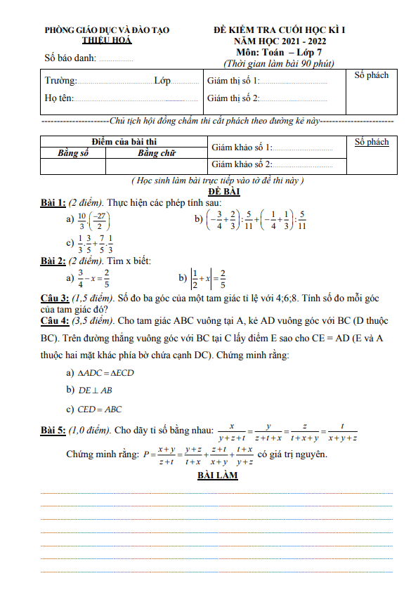 đề thi cuối học kì 1 toán 7 năm 2021 – 2022 phòng gd&đt thiệu hóa – thanh hóa