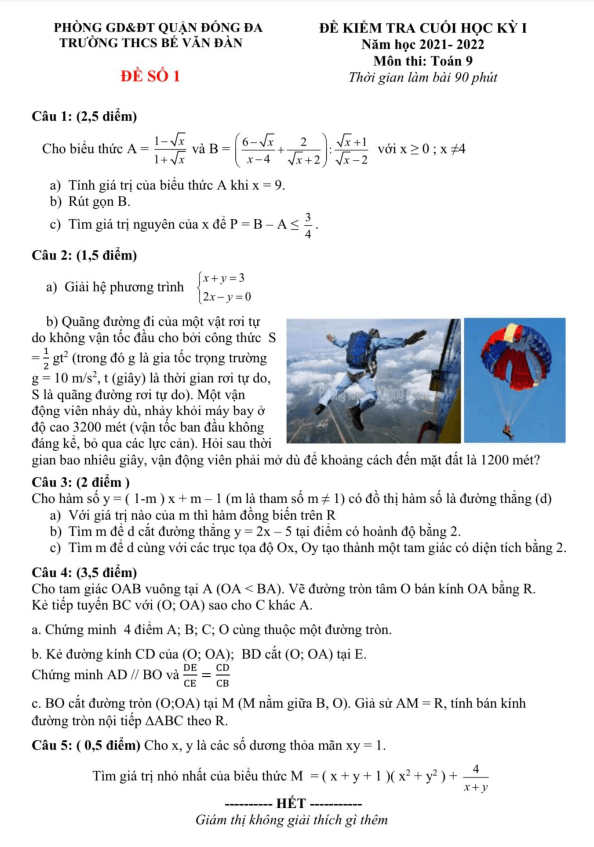 đề thi cuối học kỳ 1 toán 9 năm 2021 – 2022 trường thcs bế văn đàn – hà nội
