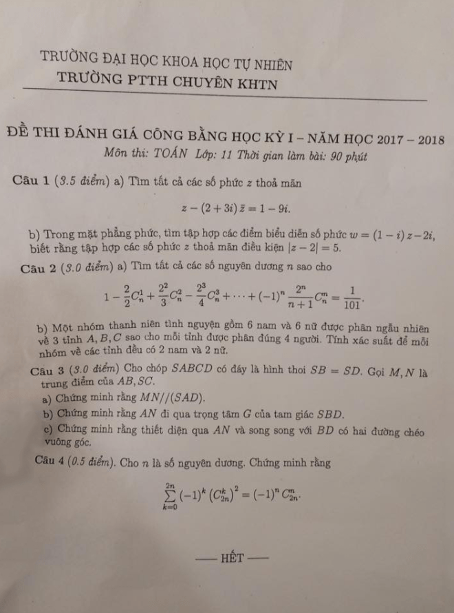 đề thi đánh giá công bằng học kỳ i năm học 2017 – 2018 môn toán 11 trường thpt chuyên khtn – hà nội