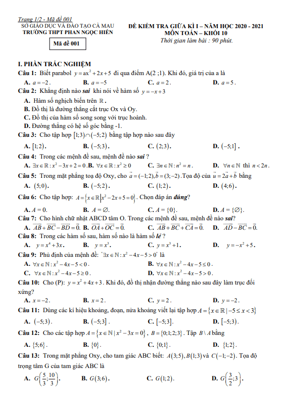 đề thi giữa hk1 toán 10 năm 2020 – 2021 trường thpt phan ngọc hiển – cà mau