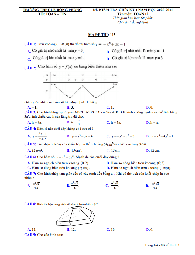 đề thi giữa hk1 toán 12 năm 2020 – 2021 trường thpt lê hồng phong – quảng nam