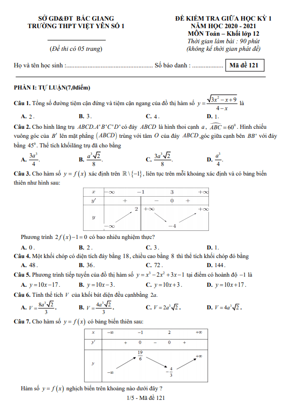 đề thi giữa hk1 toán 12 năm 2020 – 2021 trường thpt việt yên 1 – bắc giang