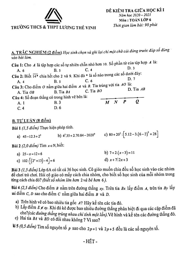 đề thi giữa học kì 1 toán 6 năm 2020 – 2021 trường lương thế vinh – hà nội