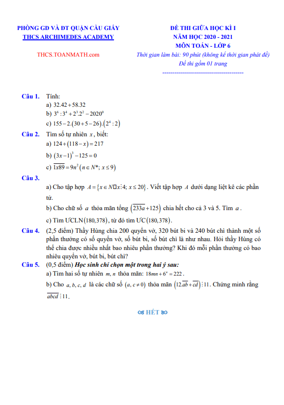 đề thi giữa học kì 1 toán 6 năm 2020 – 2021 trường thcs archimedes academy – hà nội