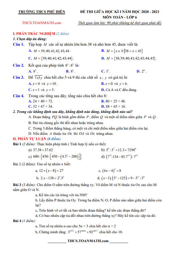 đề thi giữa học kì 1 toán 6 năm 2020 – 2021 trường thcs phú diễn – hà nội
