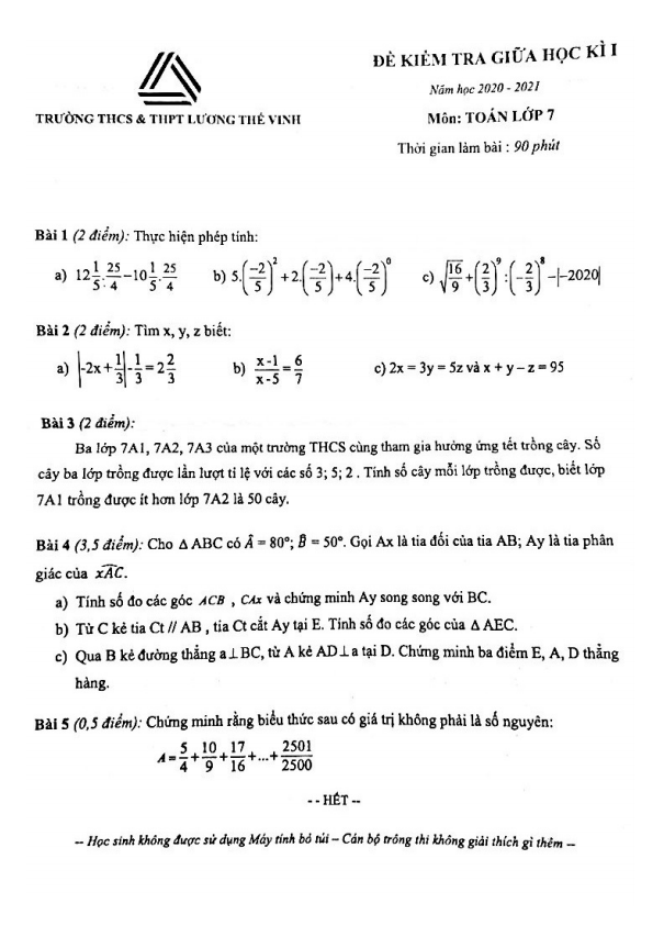 đề thi giữa học kì 1 toán 7 năm 2020 – 2021 trường lương thế vinh – hà nội