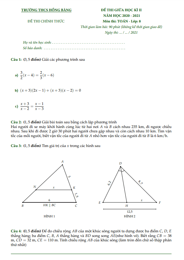 đề thi giữa học kì 2 toán 8 năm 2020 – 2021 trường thcs hồng bàng – tp hcm