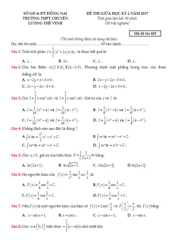 đề thi giữa học kỳ 2 năm 2017 môn toán trường thpt chuyên lương thế vinh – đồng nai