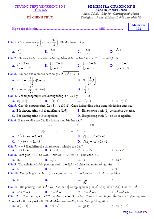 đề thi giữa học kỳ 2 toán 10 năm 2019 – 2020 trường thpt yên phong 1 – bắc ninh