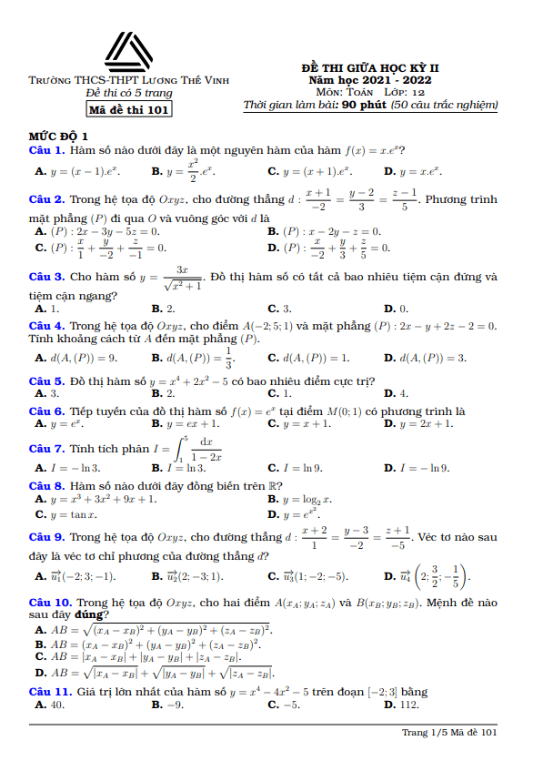 đề thi giữa học kỳ 2 toán 12 năm 2021 – 2022 trường lương thế vinh – hà nội