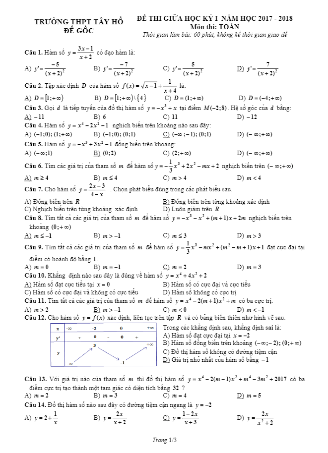 đề thi giữa học kỳ i năm học 2017 – 2018 môn toán 12 trường thpt tây hồ – hà nội