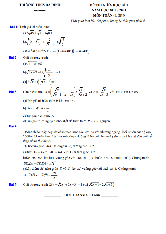 đề thi giữa kì 1 toán 9 năm 2020 – 2021 trường thcs ba đình – hà nội