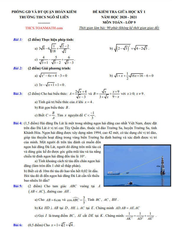 đề thi giữa kì 1 toán 9 năm 2020 – 2021 trường thcs ngô sĩ liên – hà nội