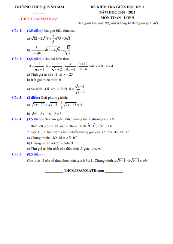 đề thi giữa kì 1 toán 9 năm 2020 – 2021 trường thcs quỳnh mai – hà nội