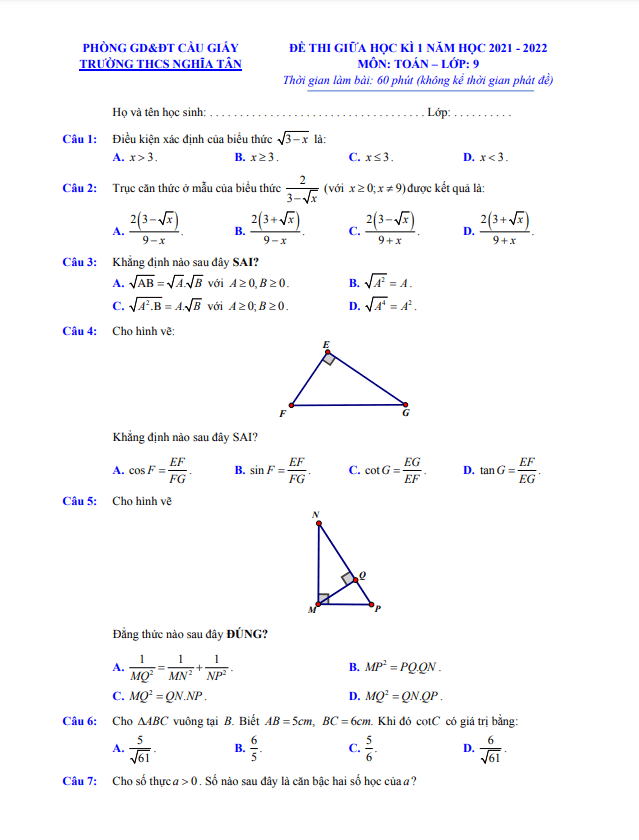 đề thi giữa kì 1 toán 9 năm 2021 – 2022 trường thcs nghĩa tân – hà nội
