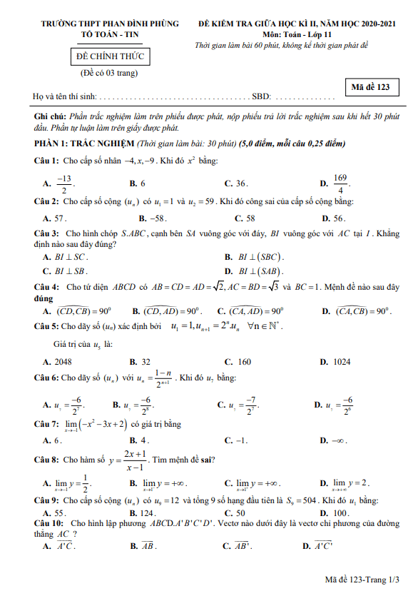 đề thi giữa kì 2 toán 11 năm 2020 – 2021 trường phan đình phùng – hà nội