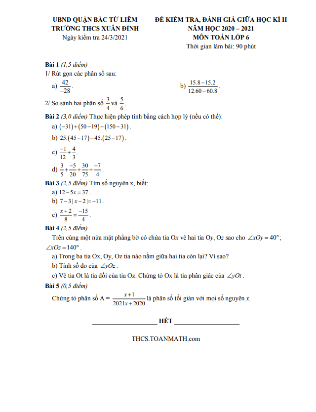 đề thi giữa kì 2 toán 6 năm 2020 – 2021 trường thcs xuân đỉnh – hà nội
