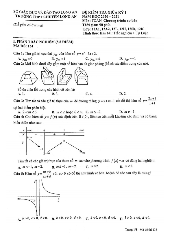 đề thi giữa kỳ 1 toán 12 năm 2020 – 2021 trường thpt chuyên long an