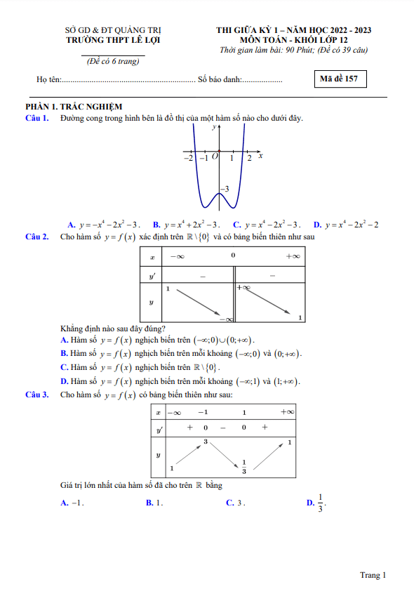 đề thi giữa kỳ 1 toán 12 năm 2022 – 2023 trường thpt lê lợi – quảng trị