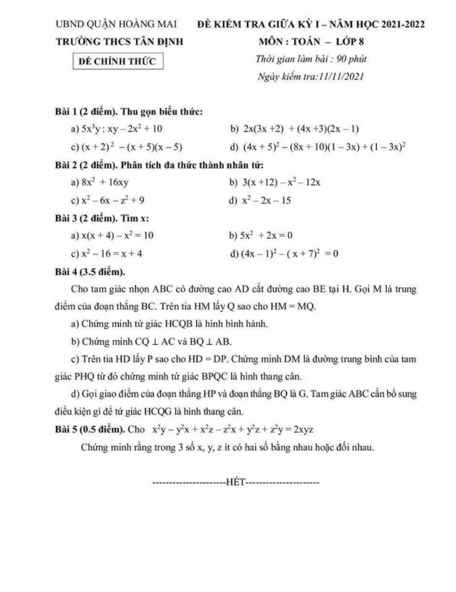 đề thi giữa kỳ 1 toán 8 năm 2021 – 2022 trường thcs tân định – hà nội