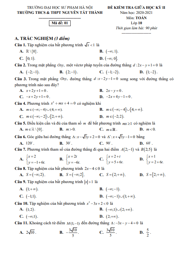 đề thi giữa kỳ 2 toán 10 năm 2020 – 2021 trường nguyễn tất thành – hà nội