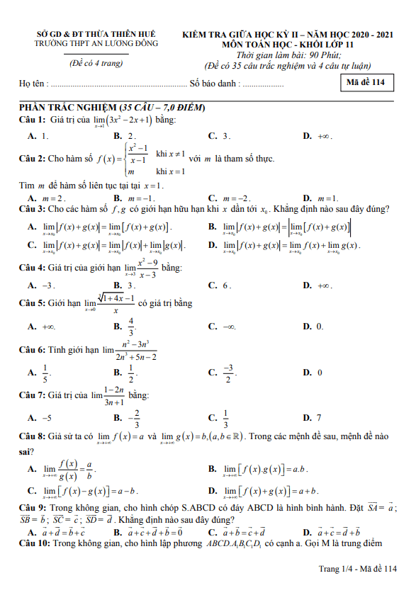 đề thi giữa kỳ 2 toán 11 năm 2020 – 2021 trường an lương đông – tt huế