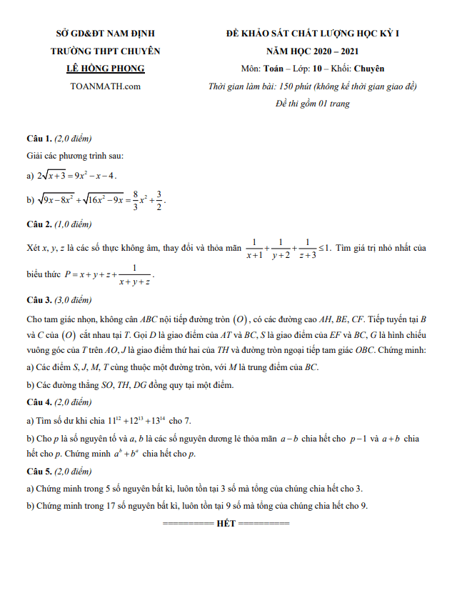 đề thi hk1 toán 10 chuyên năm 2020 – 2021 trường chuyên lê hồng phong – nam định