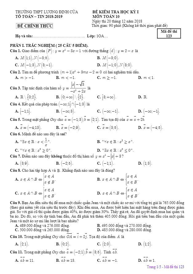 đề thi hk1 toán 10 năm 2018 – 2019 trường lương định của – cần thơ