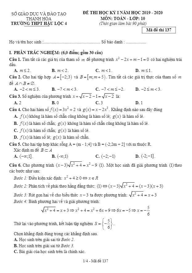 đề thi hk1 toán 10 năm 2019 – 2020 trường thpt hậu lộc 4 – thanh hóa