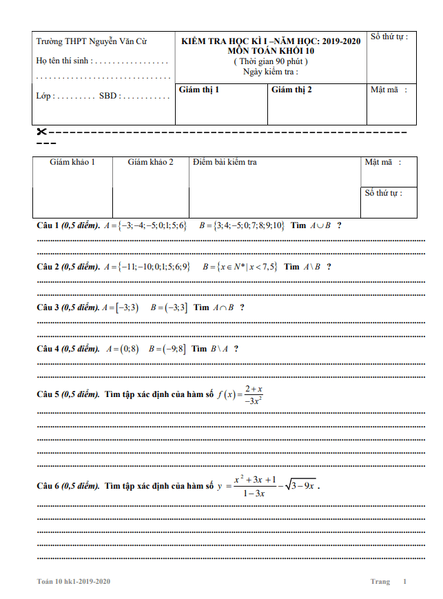 đề thi hk1 toán 10 năm 2019 – 2020 trường thpt nguyễn văn cừ – tp hcm