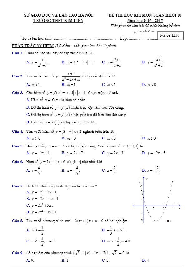 đề thi hk1 toán 10 năm học 2016 – 2017 trường thpt kim liên – hà nội