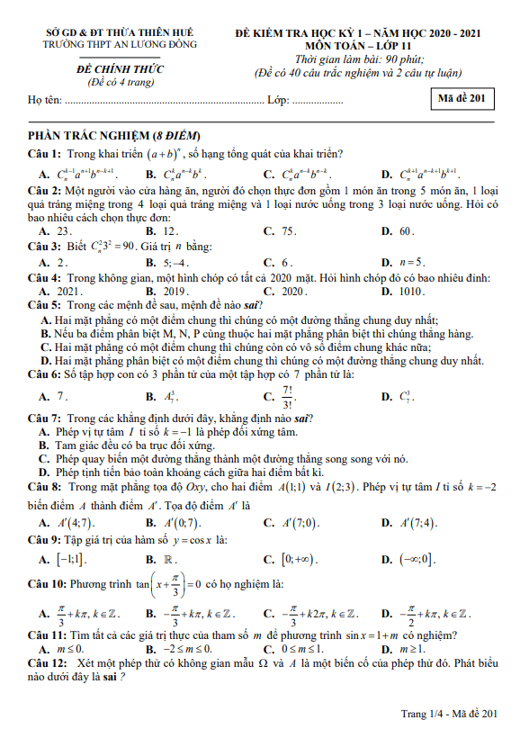 đề thi hk1 toán 11 năm 2020 – 2021 trường thpt an lương đông – tt huế