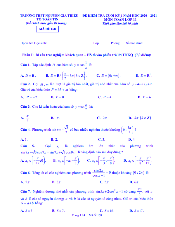 đề thi hk1 toán 11 năm 2020 – 2021 trường thpt nguyễn gia thiều – hà nội