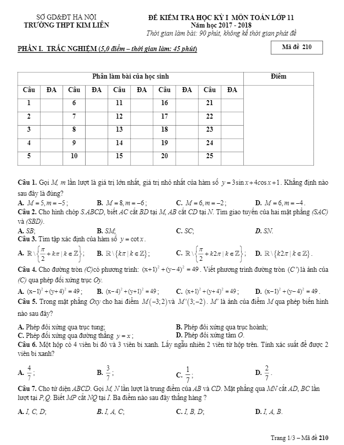 đề thi hk1 toán 11 năm học 2017 – 2018 trường thpt kim liên – hà nội