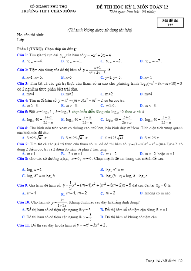 đề thi hk1 toán 12 năm học 2016 – 2017 trường thpt chân mộng – phú thọ