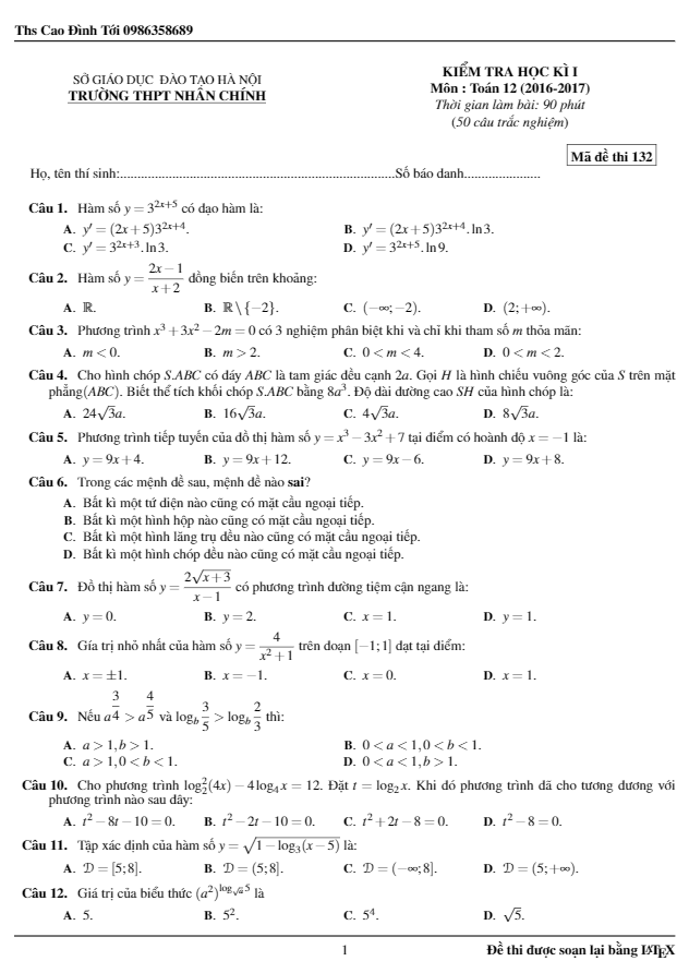 đề thi hk1 toán 12 năm học 2016 – 2017 trường thpt nhân chính – hà nội