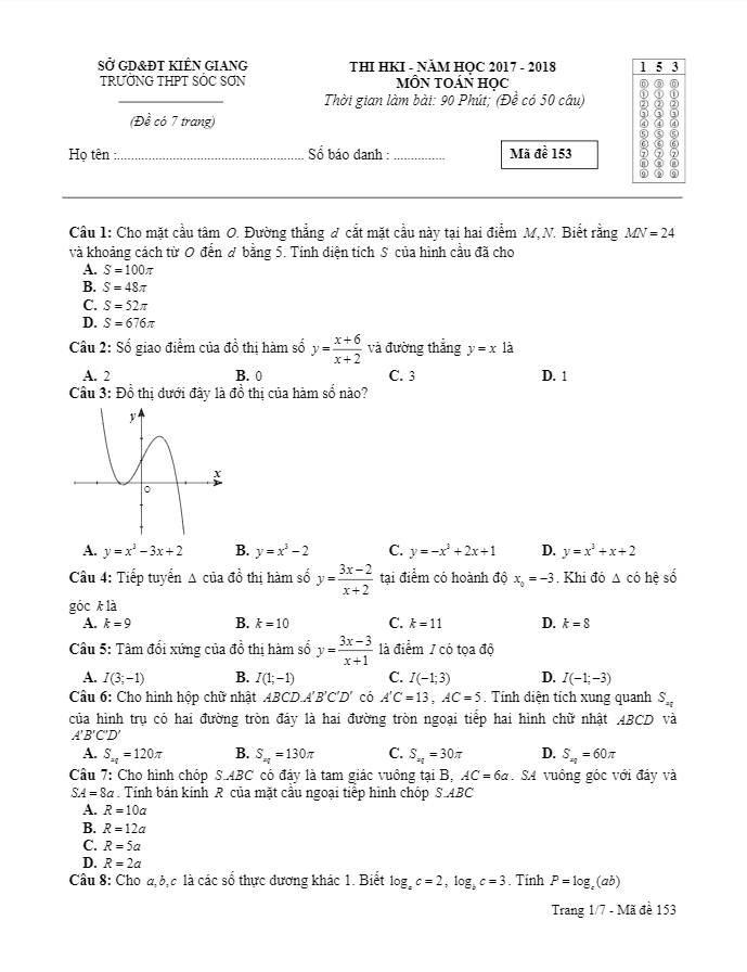 đề thi hk1 toán 12 năm học 2017 – 2018 trường thpt sóc sơn – kiên giang