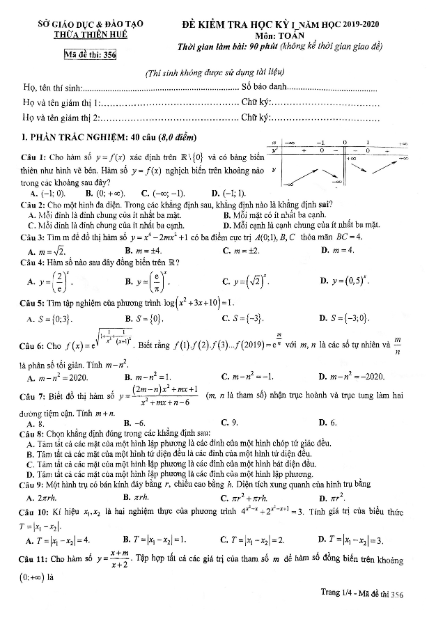 đề thi hk1 toán 12 năm học 2019 – 2020 sở gd&đt thừa thiên huế