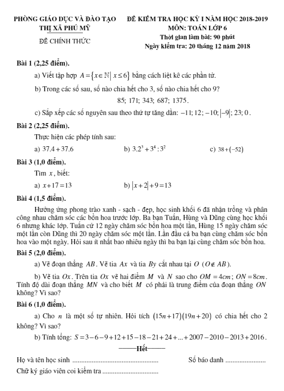 đề thi hk1 toán 6 năm 2018 – 2019 phòng gd&đt thị xã phú mỹ – bà rịa – vũng tàu